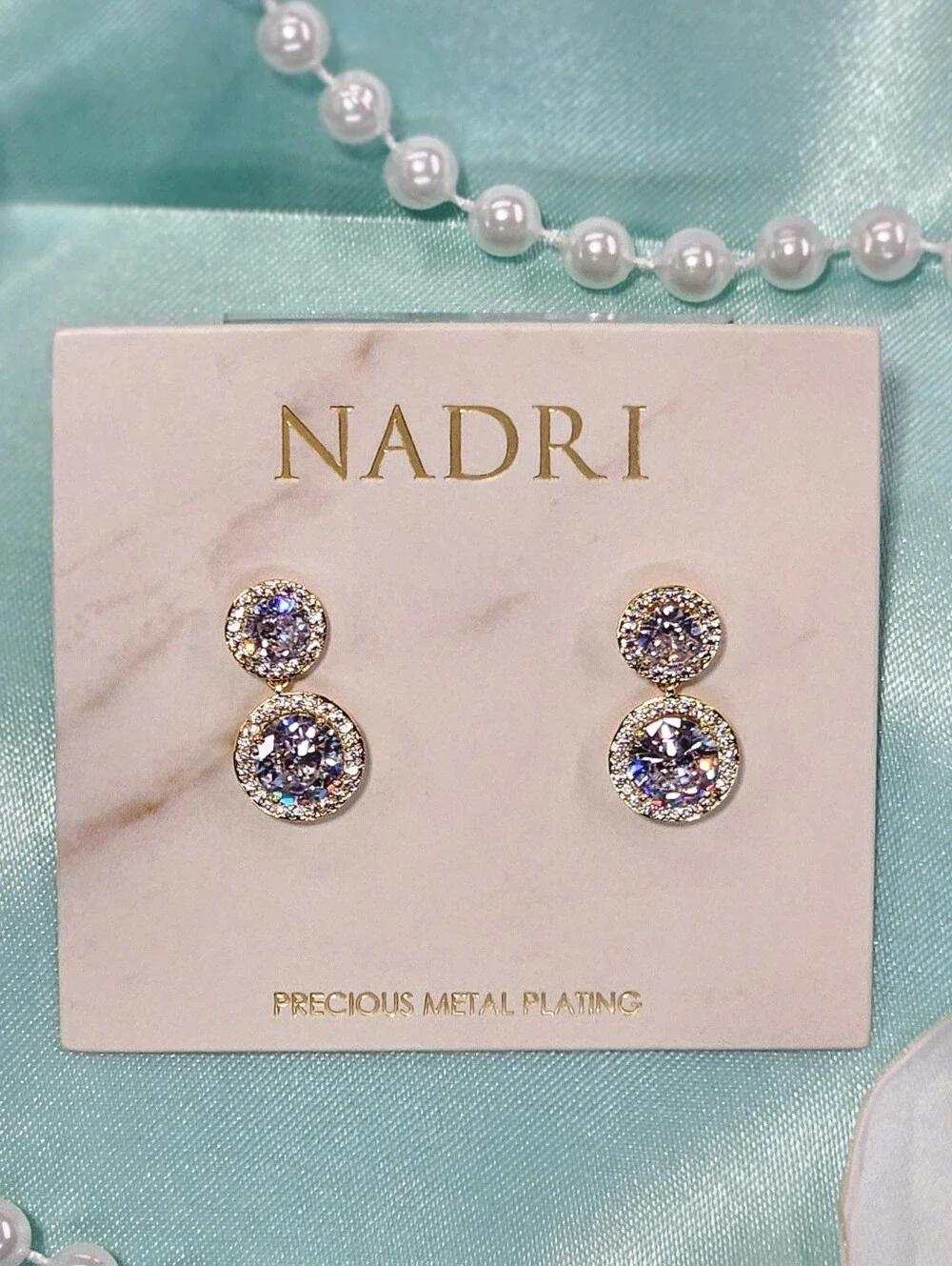 Nadri Halo Cubic Zirconia Drop Earrings Gold Precious Metal Plated Bridal Gift